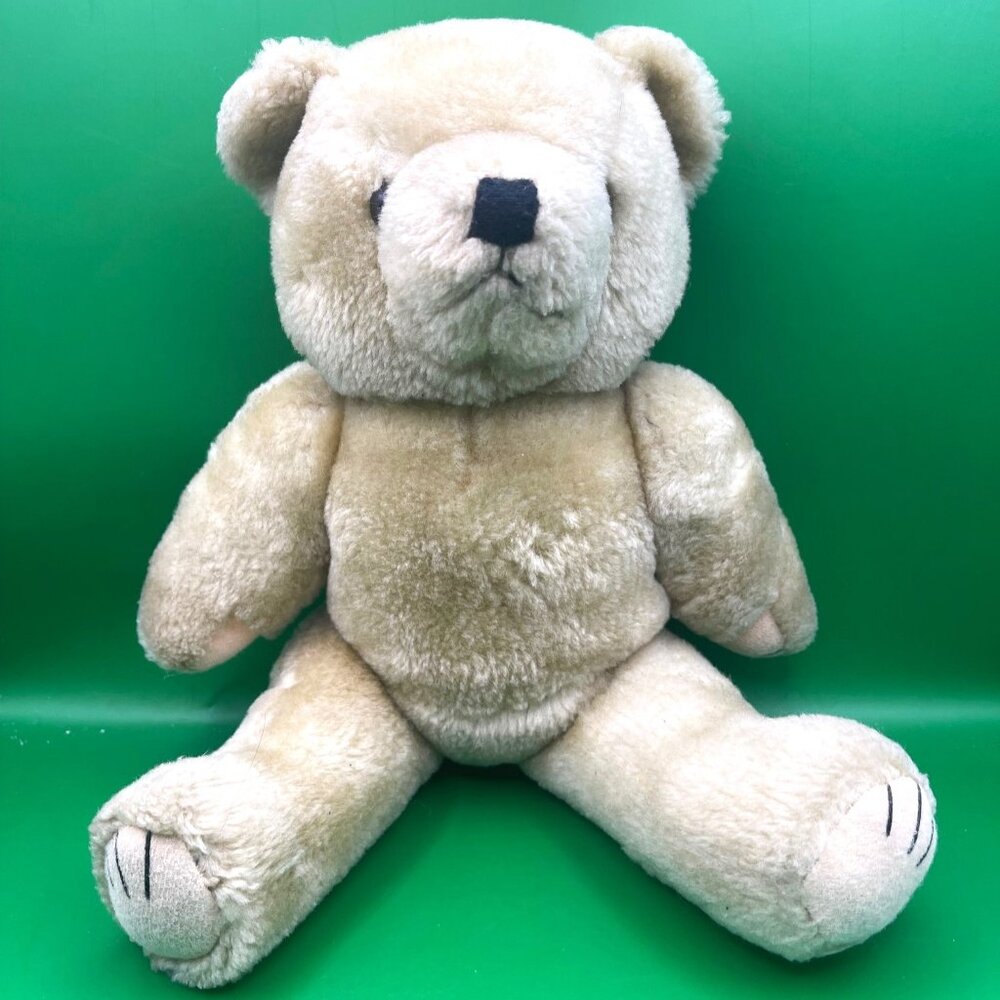 VTG Jointed Teddy Bear w/ Glass Eyes & Embroidered Paws 11.5" Tan Antique Style